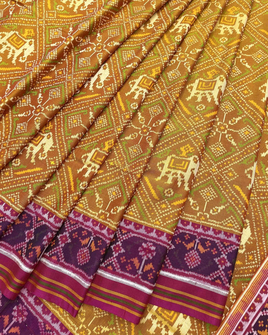 Pink & Mustard Panchanda Elephant Designer Patola Saree - SindhoiPatolaArt