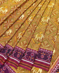 Pink & Mustard Panchanda Elephant Designer Patola Saree - SindhoiPatolaArt