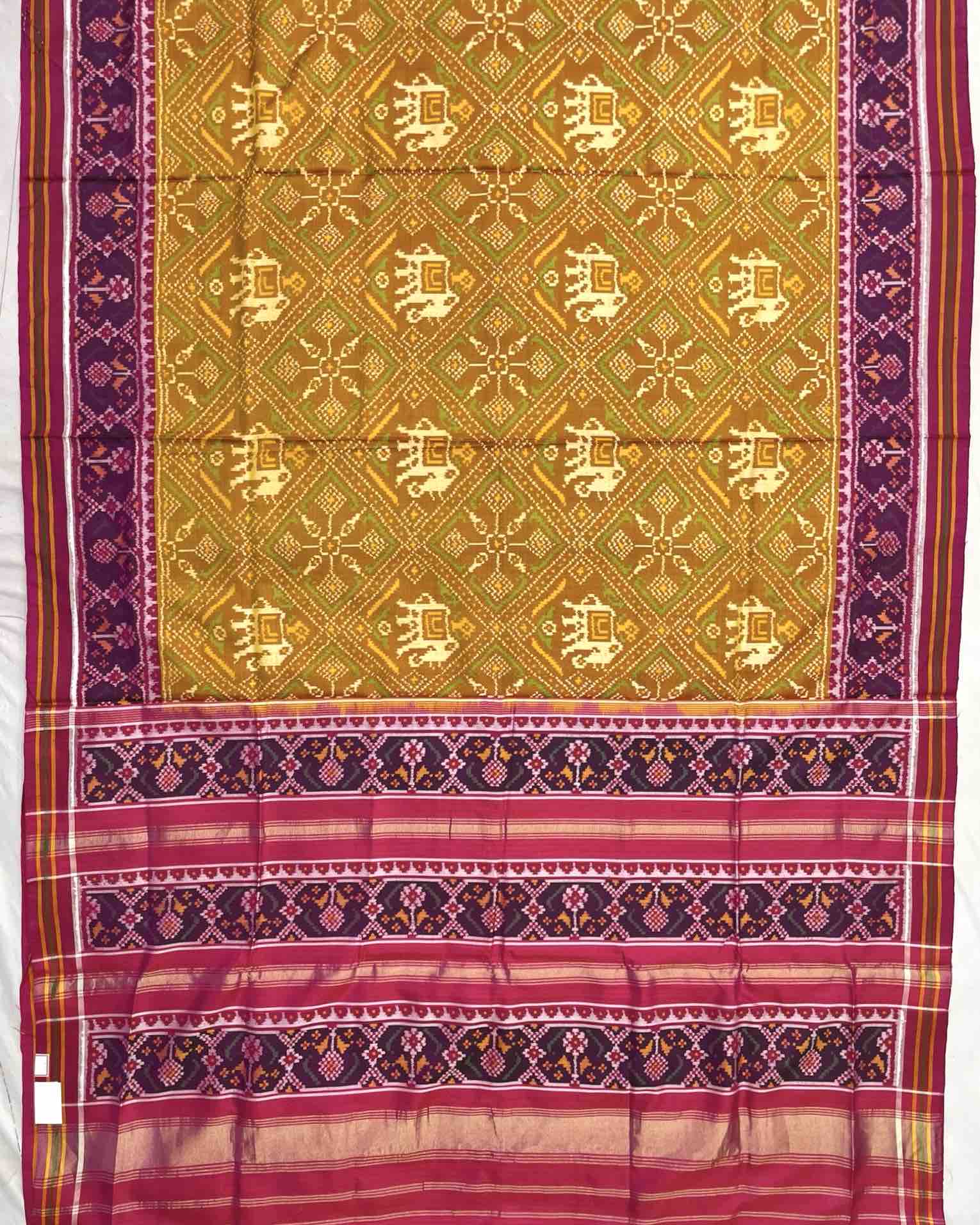 Pink & Mustard Panchanda Elephant Designer Patola Saree - SindhoiPatolaArt