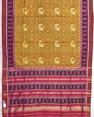 Pink & Mustard Panchanda Elephant Designer Patola Saree - SindhoiPatolaArt