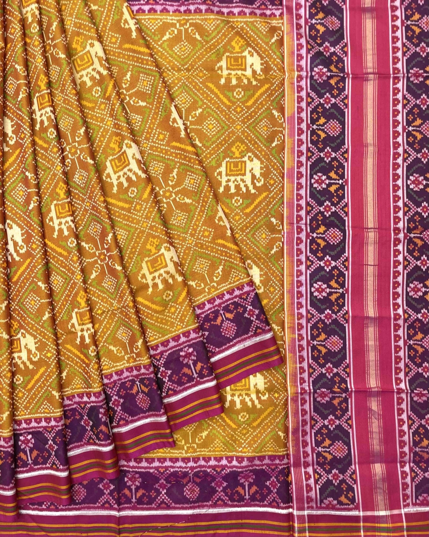 Pink & Mustard Panchanda Elephant Designer Patola Saree - SindhoiPatolaArt