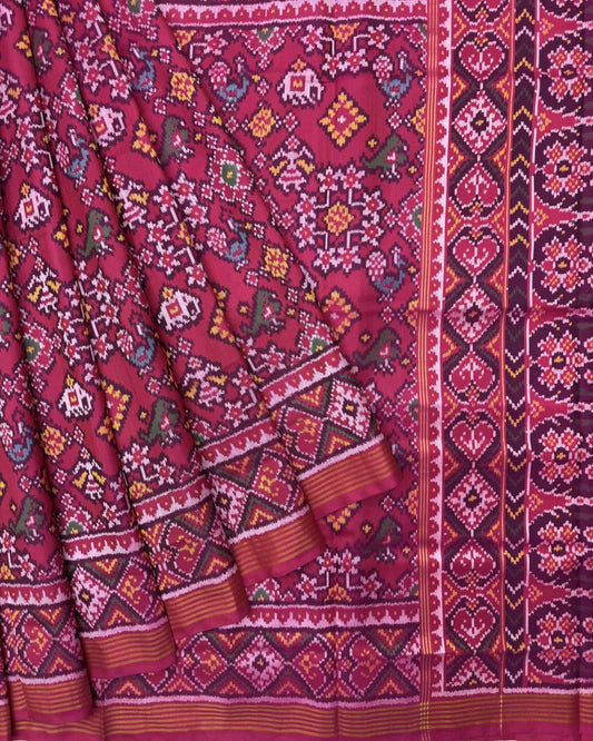 Pink Navratan Narikunj Semi Double Ikat Patola Saree - SindhoiPatolaArt