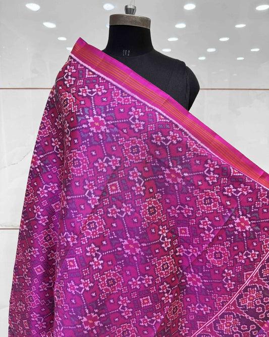 Pink Navratan Semi Double Ikat Patola Dupatta - SindhoiPatolaArt