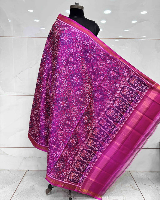 Pink Navratan Semi Double Ikat Patola Dupatta - SindhoiPatolaArt