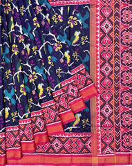 Pink & Navy Blue Fancy Bird Patola Saree - SindhoiPatolaArt