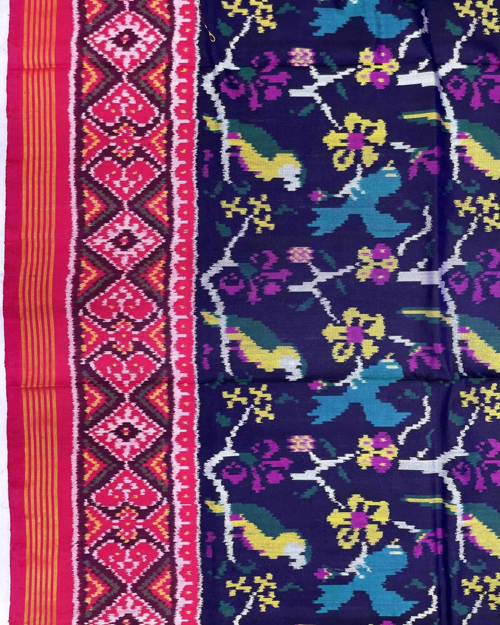 Pink & Navy Blue Fancy Bird Patola Saree - SindhoiPatolaArt