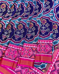 Pink & Navy Blue Flower Patola Saree - SindhoiPatolaArt