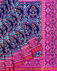 Pink & Navy Blue Flower Patola Saree - SindhoiPatolaArt
