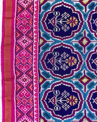 Pink & Navy Blue Flower Patola Saree - SindhoiPatolaArt