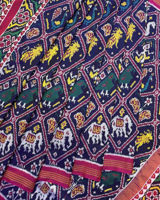 Pink & Navy Blue Narikunj Twill Patola Saree - SindhoiPatolaArt