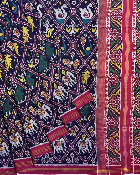 Pink & Navy Blue Narikunj Twill Patola Saree - SindhoiPatolaArt