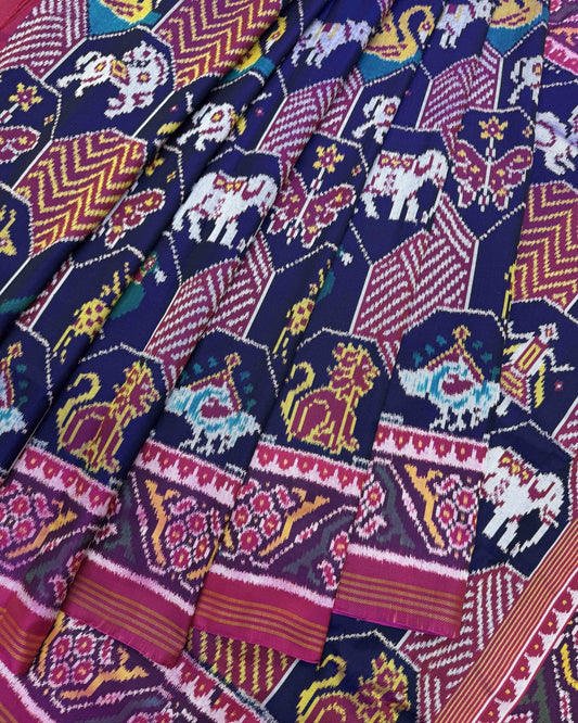 Pink & Navy Blue New Narikunj Twill Patola Saree - SindhoiPatolaArt