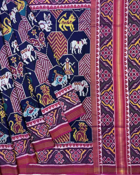 Pink & Navy Blue New Narikunj Twill Patola Saree - SindhoiPatolaArt