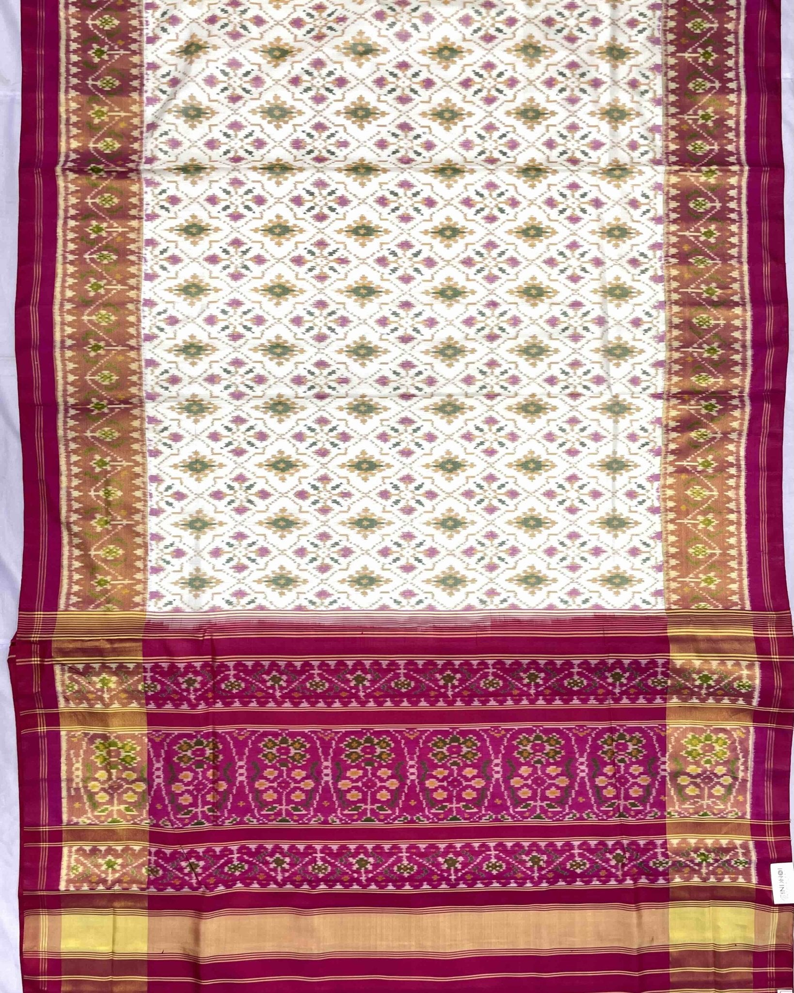 Pink & Off White Panchanda Patola Saree - SindhoiPatolaArt