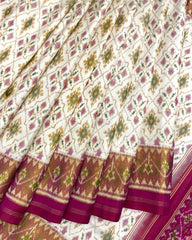 Pink & Off White Panchanda Patola Saree - SindhoiPatolaArt