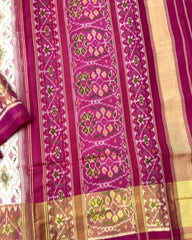 Pink & Off White Panchanda Patola Saree - SindhoiPatolaArt