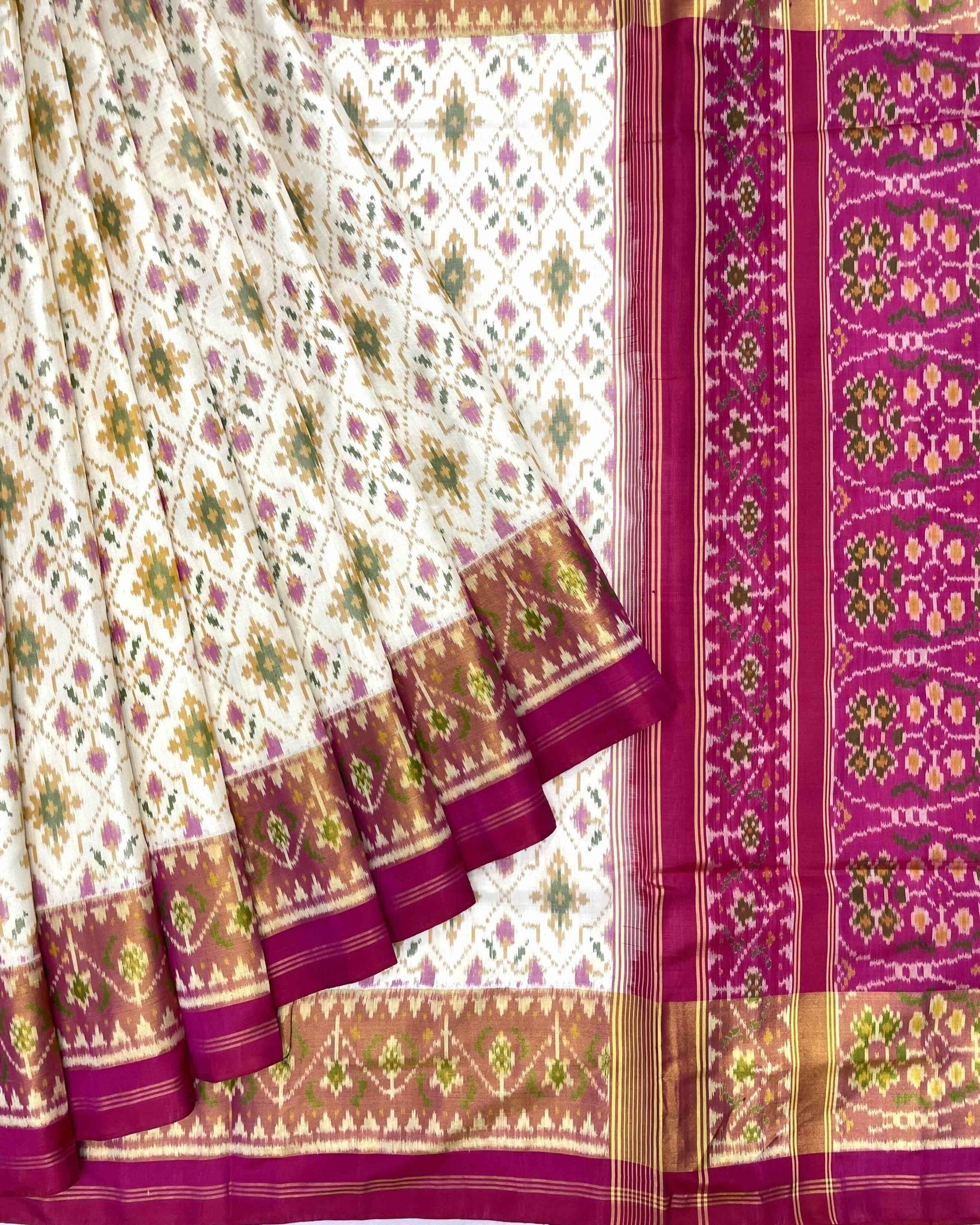 Pink & Off White Panchanda Patola Saree - SindhoiPatolaArt