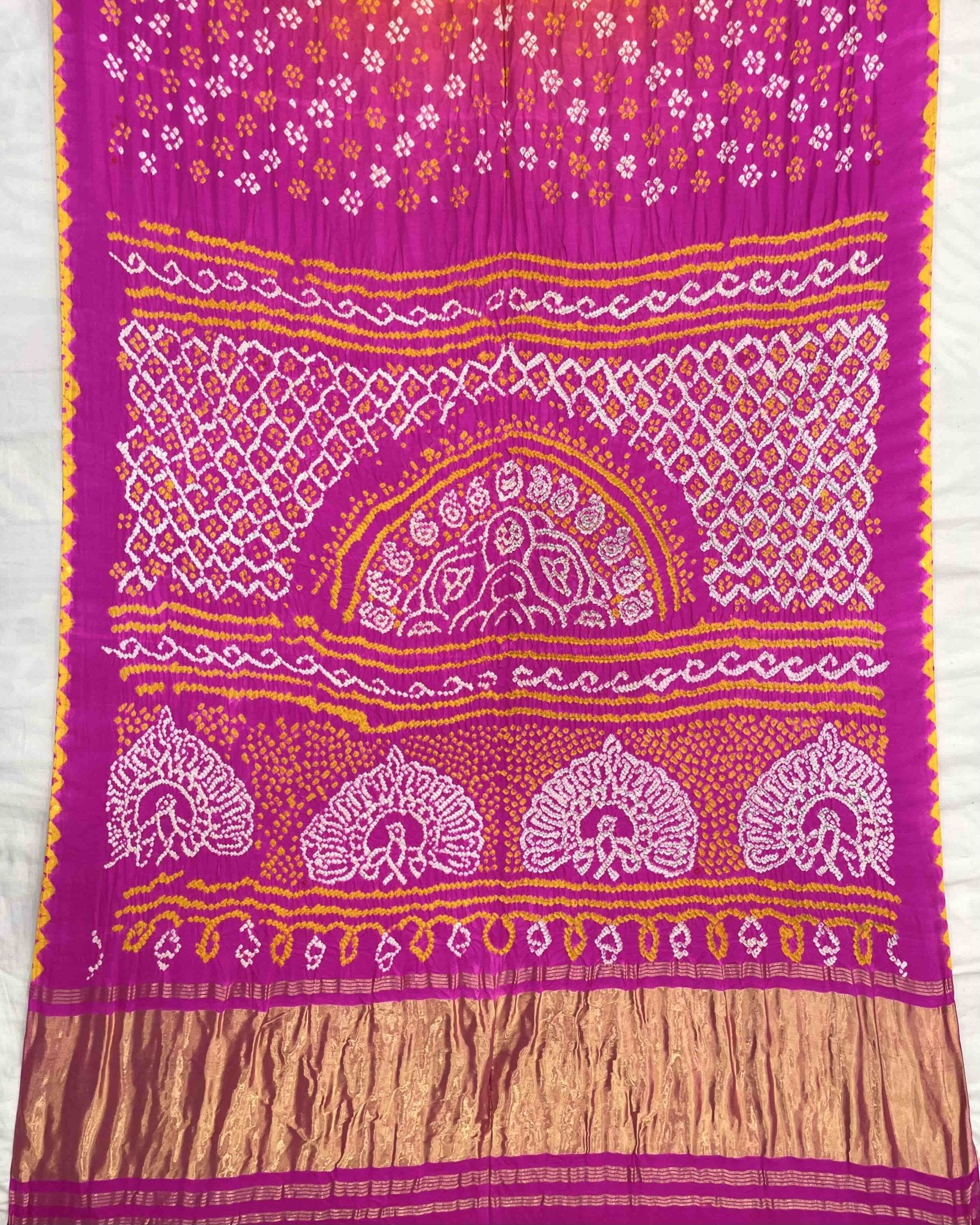Pink & Orage Gajji Silk Bandhani Saree - SindhoiPatolaArt