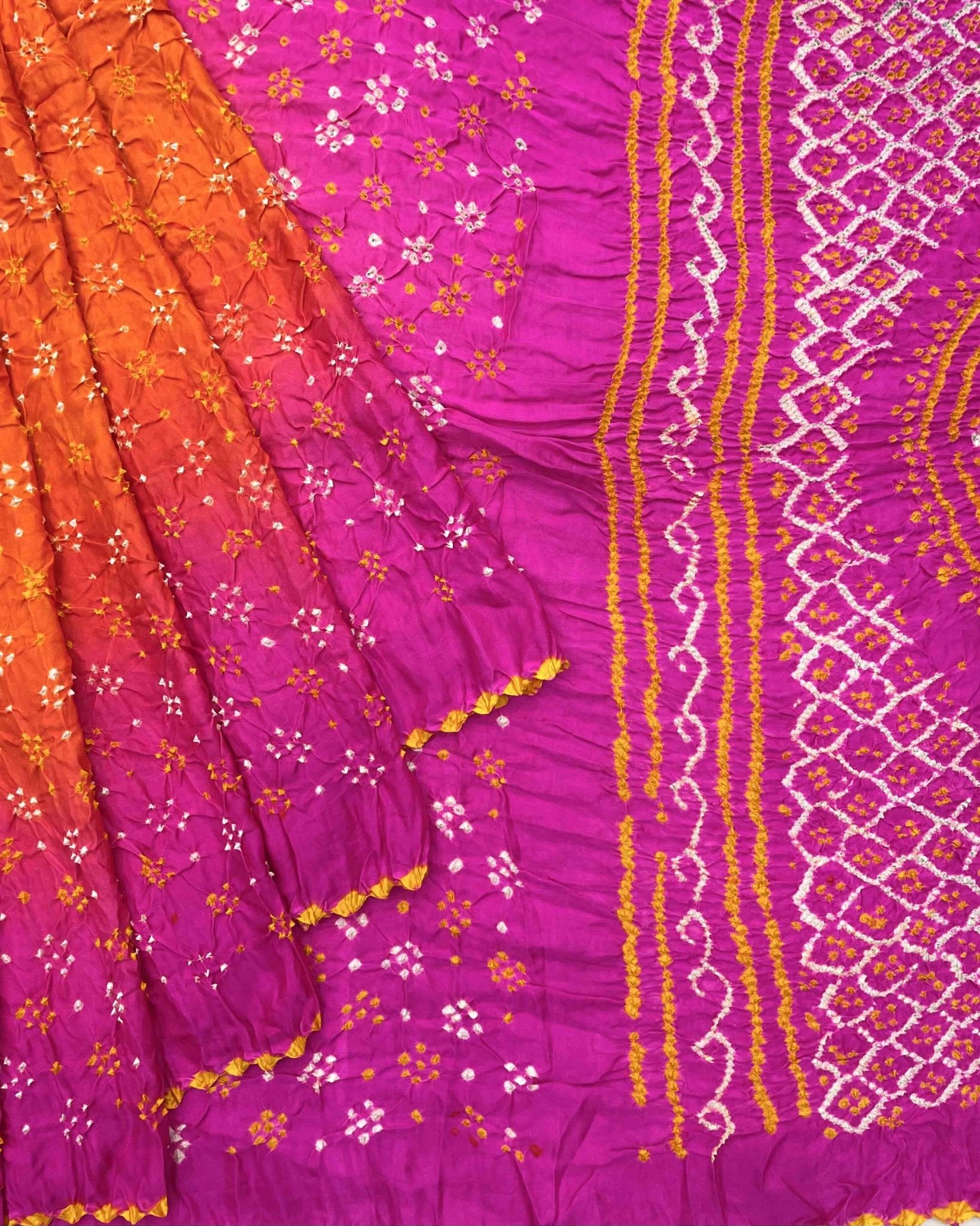 Pink & Orage Gajji Silk Bandhani Saree - SindhoiPatolaArt