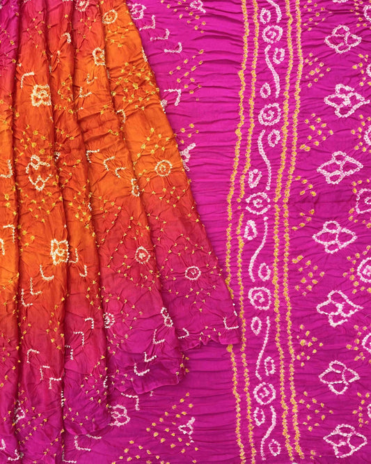 Pink & Orage Shaded Gajji Silk Bandhani Saree - SindhoiPatolaArt