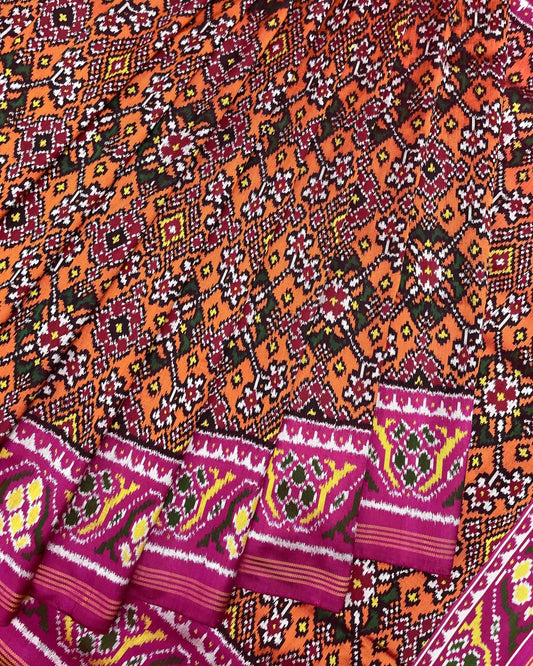Pink & Orange Navratan Twill Patola Saree - SindhoiPatolaArt