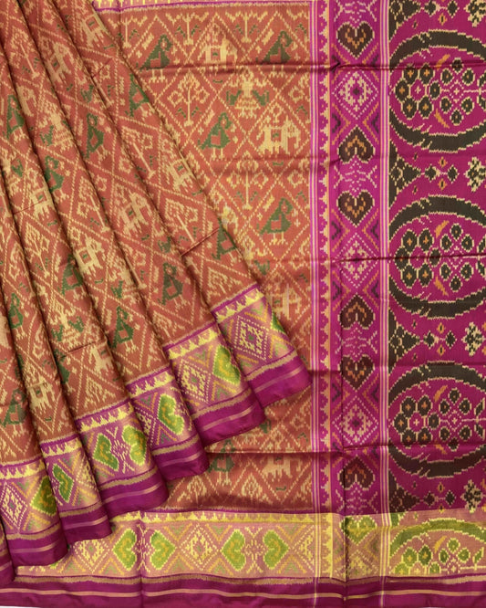 Pink & Orange Rust Narikunj Patola Saree - SindhoiPatolaArt