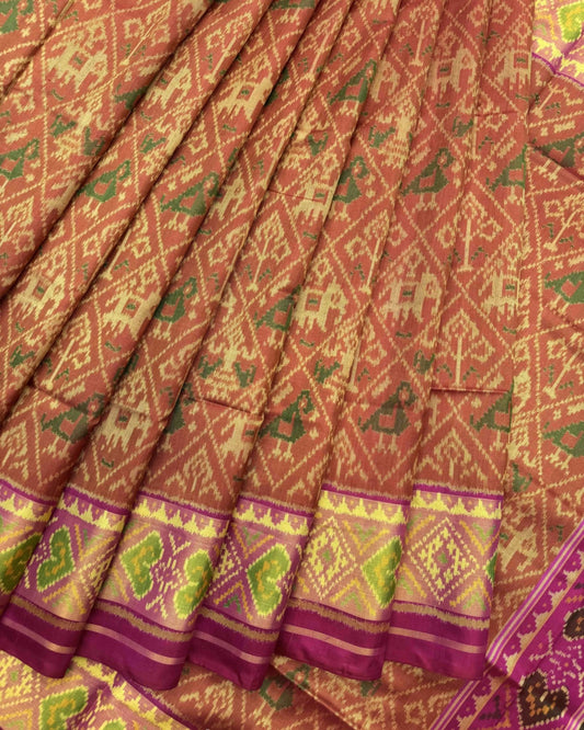 Pink & Orange Rust Narikunj Patola Saree - SindhoiPatolaArt