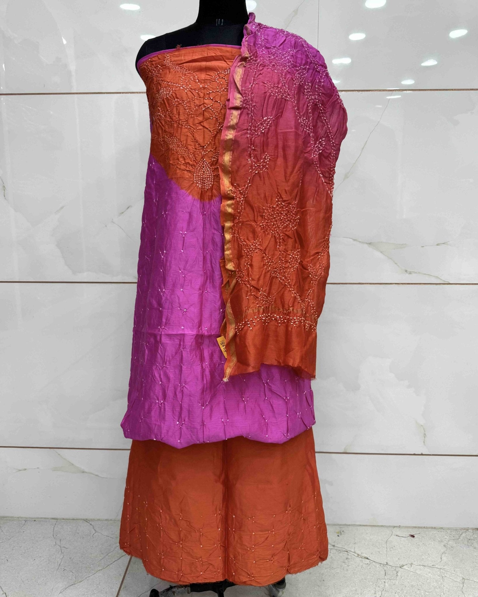 Pink & Orange Shaded Chanderi Silk Bandhani Dress Material - SindhoiPatolaArt