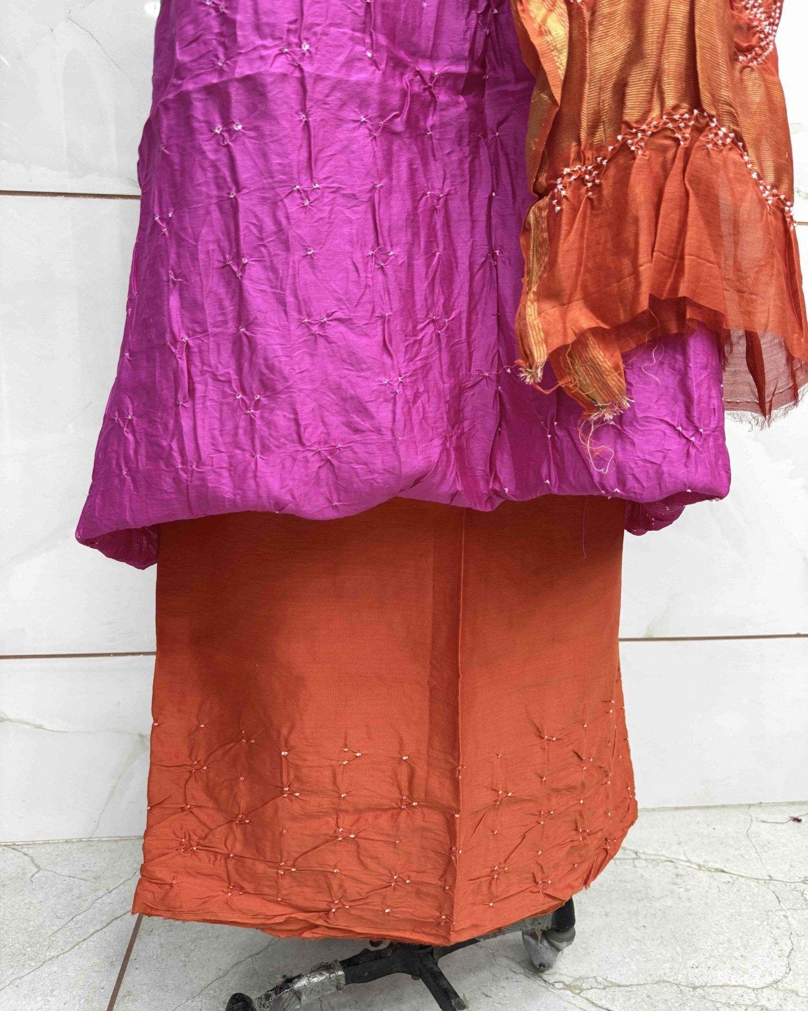 Pink & Orange Shaded Chanderi Silk Bandhani Dress Material - SindhoiPatolaArt
