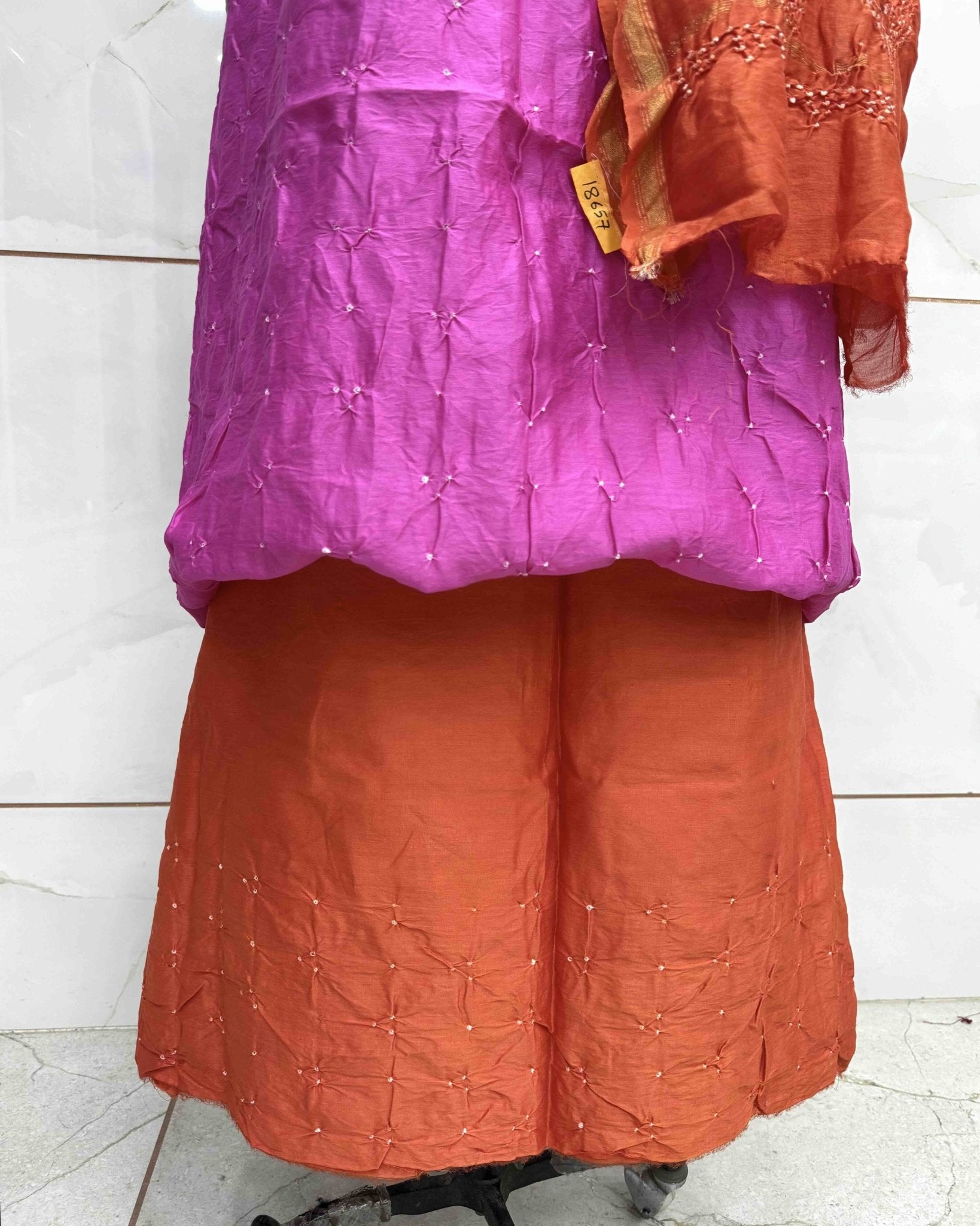 Pink & Orange Shaded Chanderi Silk Bandhani Dress Material - SindhoiPatolaArt