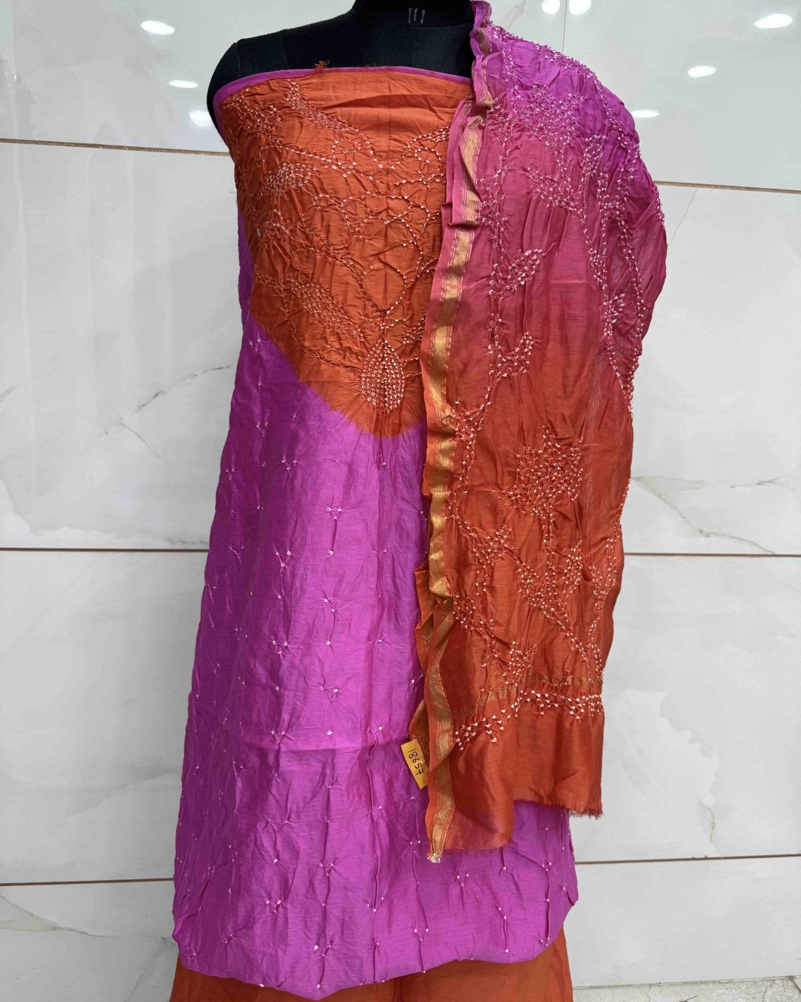 Pink & Orange Shaded Chanderi Silk Bandhani Dress Material - SindhoiPatolaArt