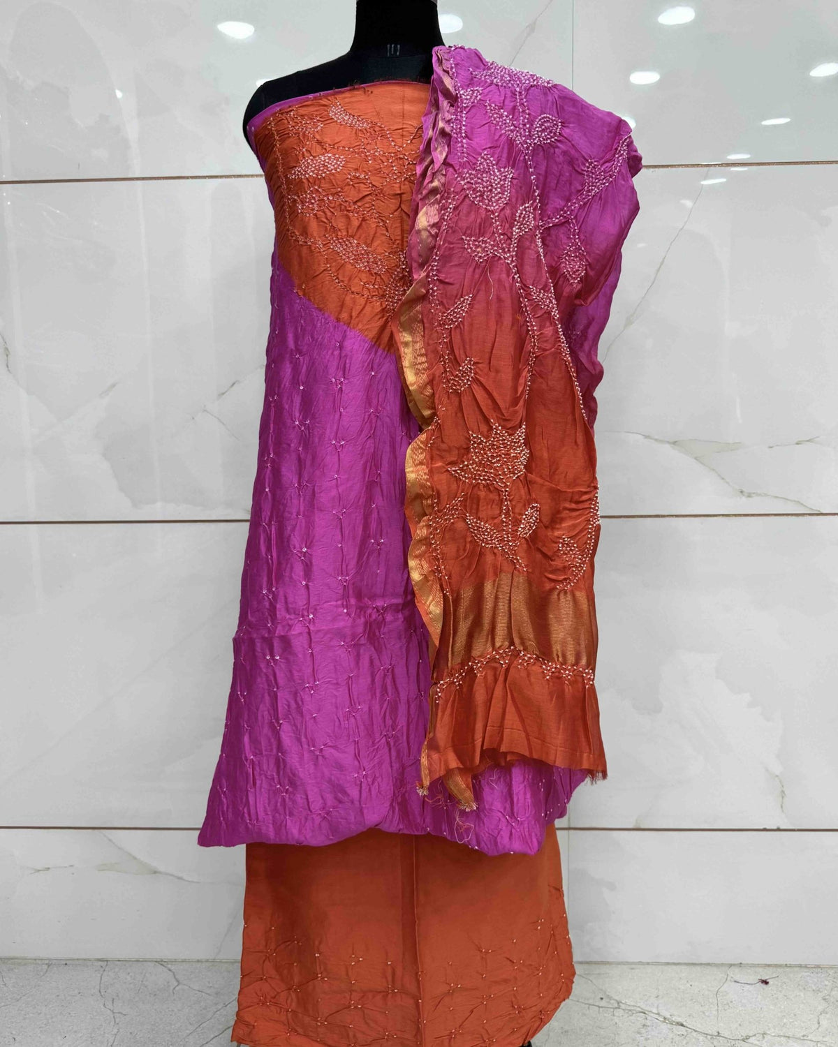 Pink & Orange Shaded Chanderi Silk Bandhani Dress Material - SindhoiPatolaArt