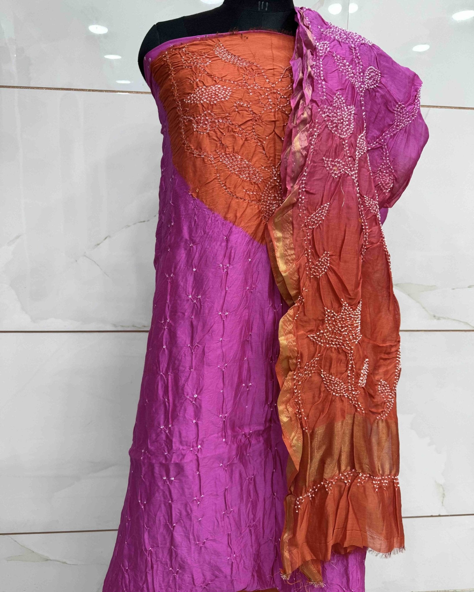 Pink & Orange Shaded Chanderi Silk Bandhani Dress Material - SindhoiPatolaArt