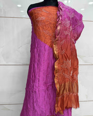 Pink & Orange Shaded Chanderi Silk Bandhani Dress Material - SindhoiPatolaArt