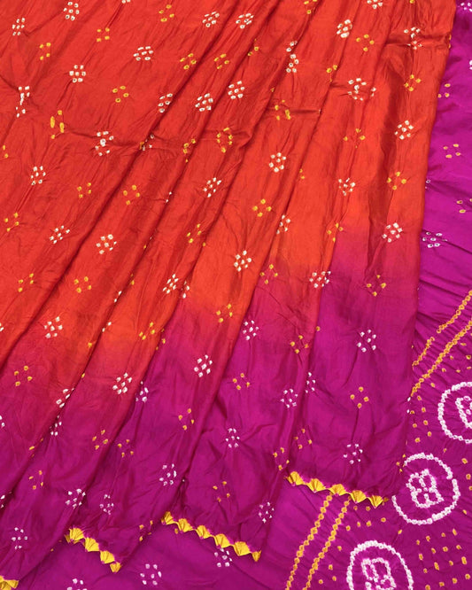 Pink & Orange Shaded Gajji Silk Bandhani Saree - SindhoiPatolaArt