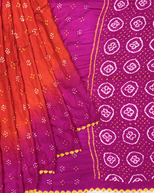 Pink & Orange Shaded Gajji Silk Bandhani Saree - SindhoiPatolaArt