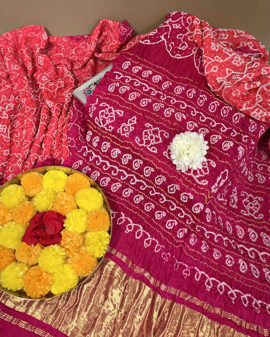 Pink & Peach Gajji Silk Bandhani Saree - SindhoiPatolaArt