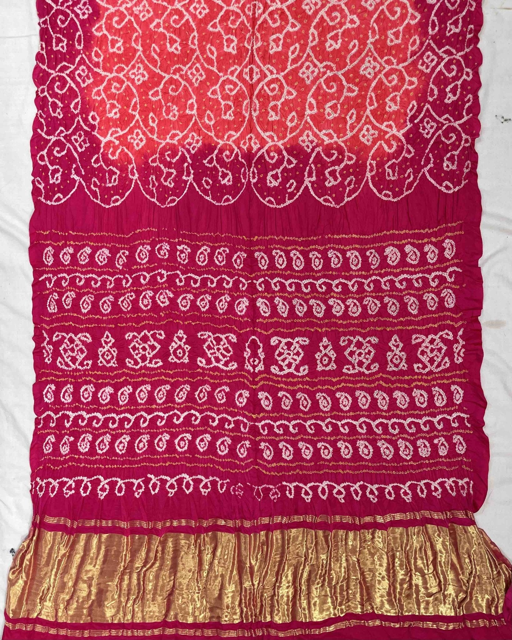 Pink & Peach Gajji Silk Bandhani Saree - SindhoiPatolaArt