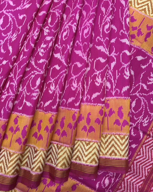 Pink & Peach Leaves Patola Saree - SindhoiPatolaArt