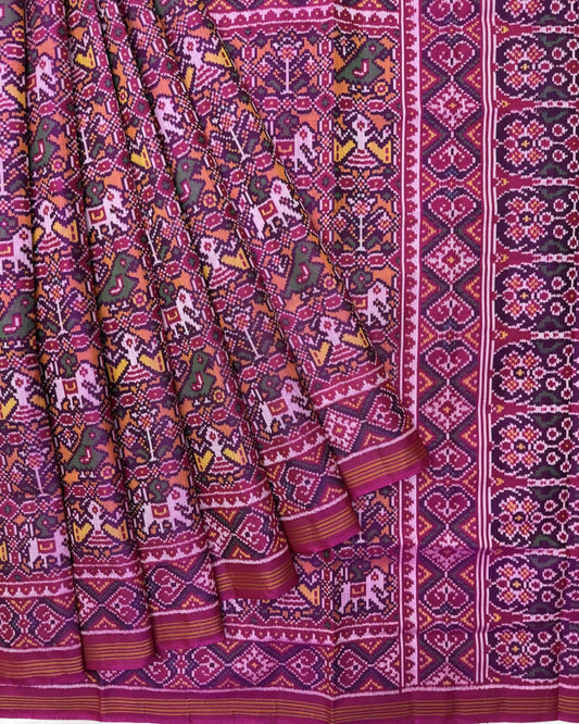 Pink & Peach Orange Small Narikunj Semi Double Ikat Patola Saree - SindhoiPatolaArt