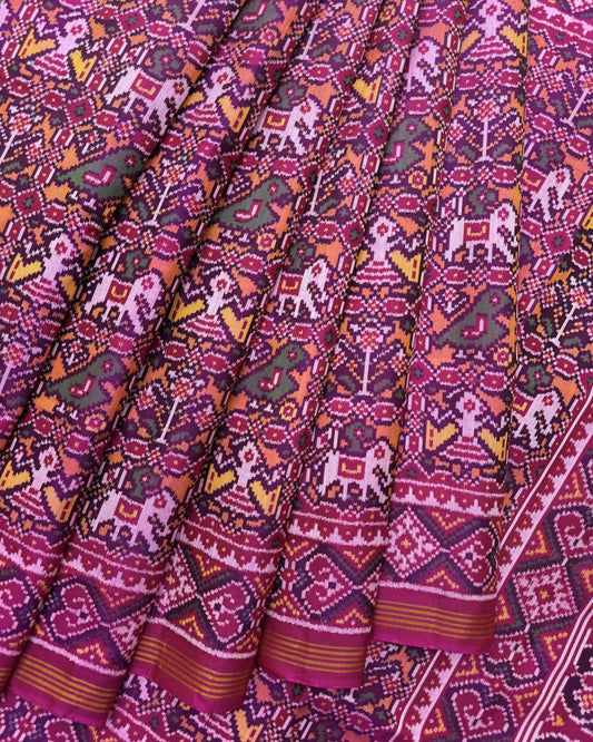 Pink & Peach Orange Small Narikunj Semi Double Ikat Patola Saree - SindhoiPatolaArt