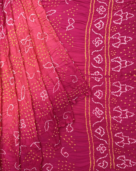 Pink & Peach Shaded Gajji Silk Bandhani Saree - SindhoiPatolaArt