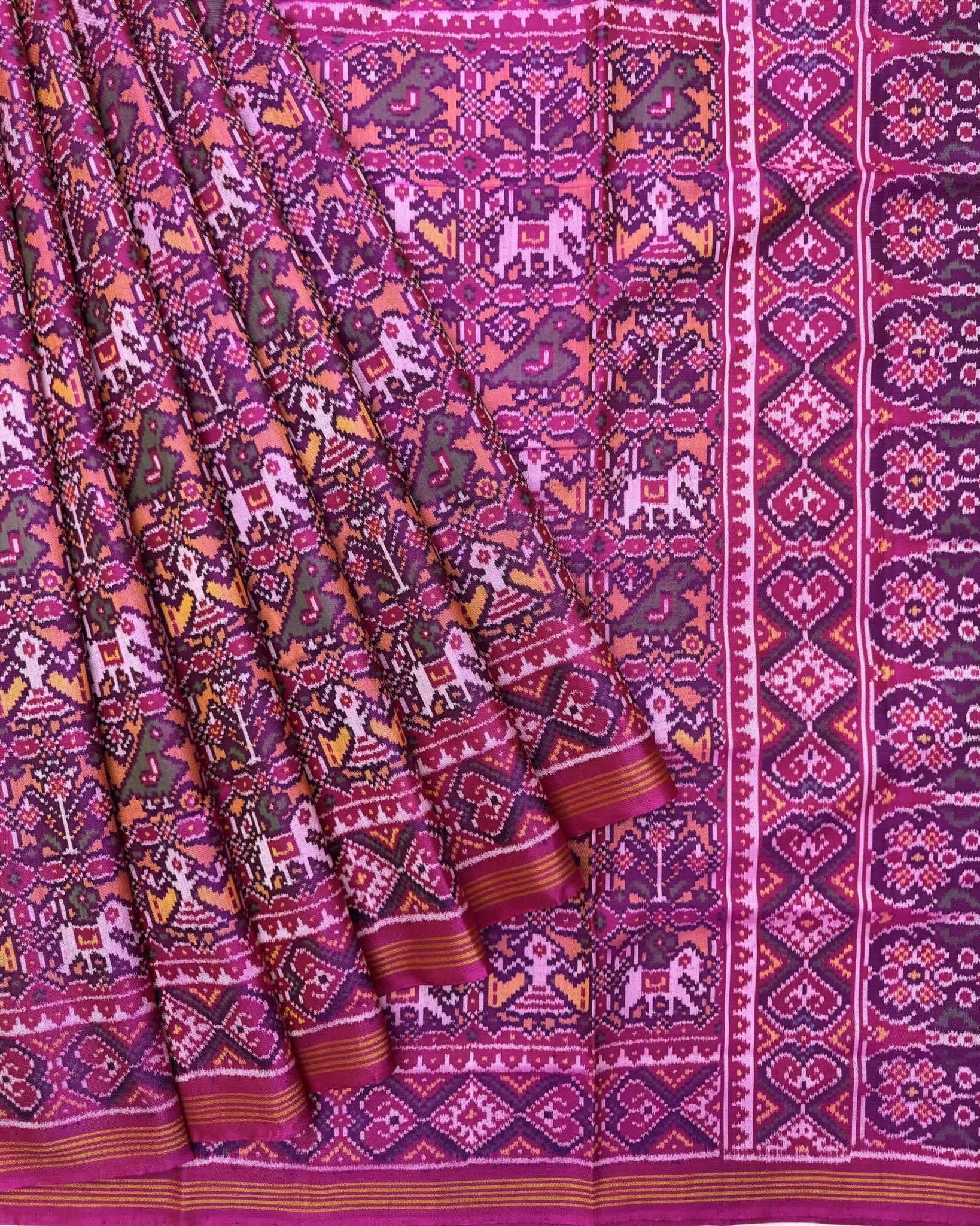 Pink & Peach Small Narikunj Semi Double Ikat Patola Saree - SindhoiPatolaArt