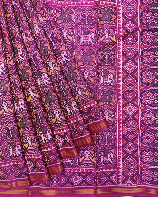 Pink & Peach Small Narikunj Semi Double Ikat Patola Saree - SindhoiPatolaArt