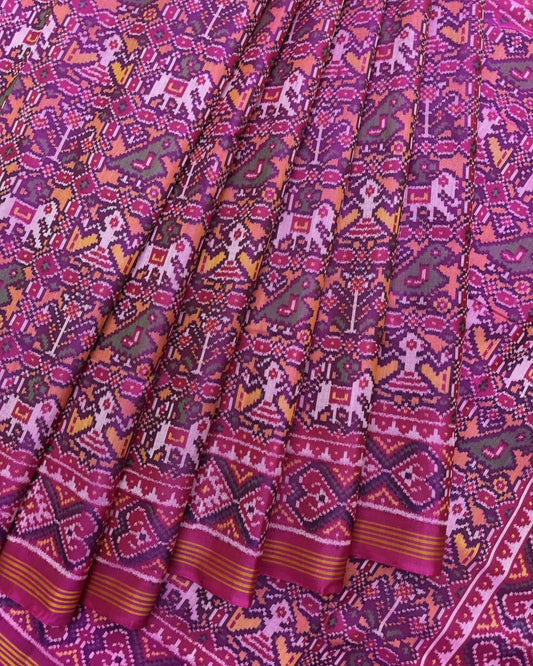 Pink & Peach Small Narikunj Semi Double Ikat Patola Saree - SindhoiPatolaArt