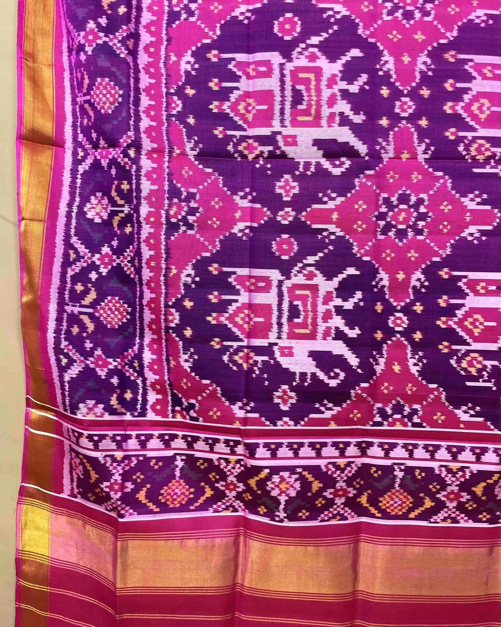 Pink & Purple Big Figure Chhabdi Elephant Patola Dupatta - SindhoiPatolaArt