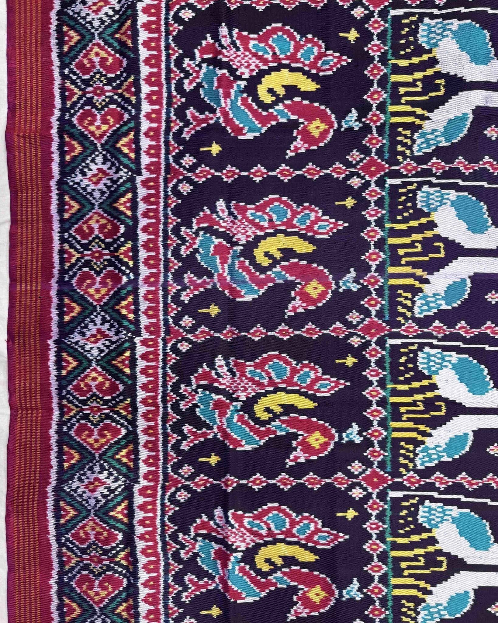 Pink & Purple Big Figure Peacock Swan Twill Patola Saree - SindhoiPatolaArt