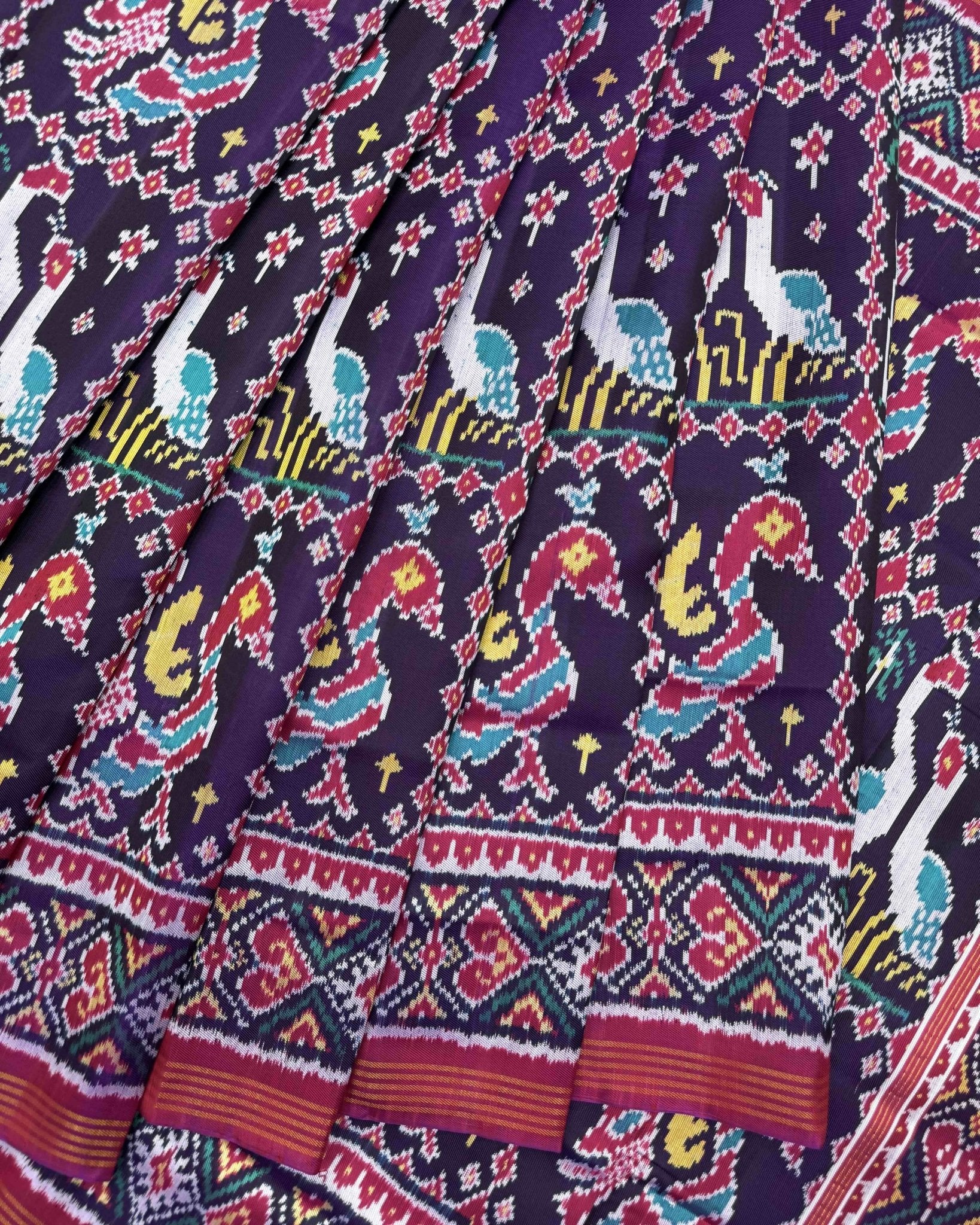 Pink & Purple Big Figure Peacock Swan Twill Patola Saree - SindhoiPatolaArt