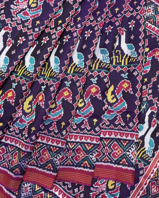 Pink & Purple Big Figure Peacock Swan Twill Patola Saree - SindhoiPatolaArt