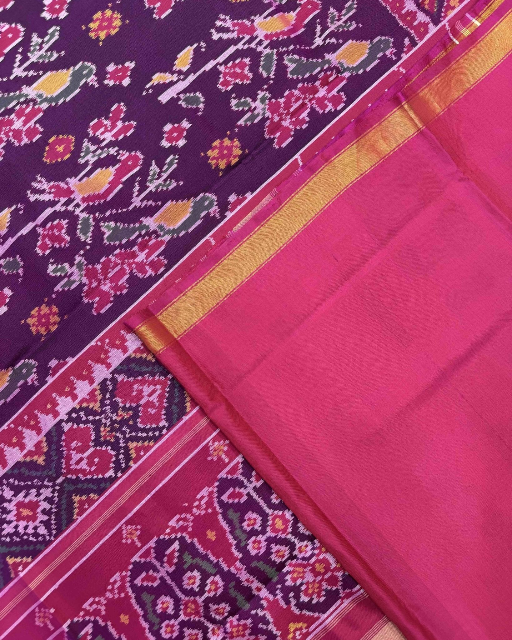 Pink & Purple Fancy Flower Birds Patola Saree - SindhoiPatolaArt
